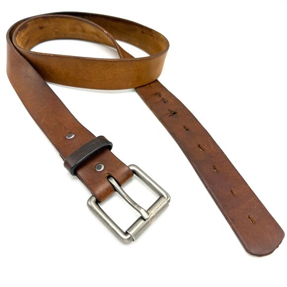 Vintage Distressed Brown Leather Belt 38 Silver Roller Buckle Worn Streetwear - Picture 1 of 10